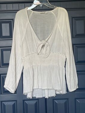 True Craft Cream/white Tie-Front Peasant Blouse with Smocked Waist